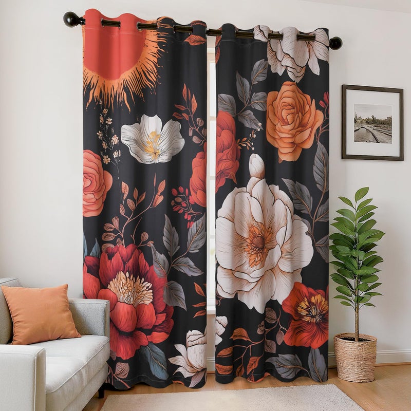 XWZO Boho Floral Blackout Curtains for Bedroom, Flower Patterned Vintage Curtains Mid Century Botanical Printed Black Out Curtain 84 Inch Length 2 Panels for Living Room Grommet Top Bohemian Decor - Image 2