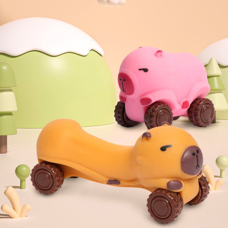 Aruytps 2Pack Squishy Capybara Car Toys Brown and Pink, Super Fun Animal Squeeze Stretchable Fidget Cars Vehicle, Stress Relief Sensory Fidget Toys Car Stress Balls Party Favors for Kids Adults - Image 2