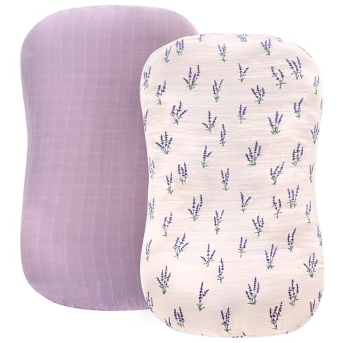 LifeTree Muslin Baby Lounger Cover Newborn Slipcover Lounger Cover for Boys Girls Infant Soft Organic Cotton Cover Only Lavender and Mauve Pattern 307in x 20in - Image 1