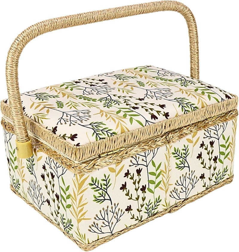 COMFECTO Sewing Basket Large with Complete Sew Accessories Included Wooden Beginners Sewing Kit with Removable Tray Tomato Pincushion for Mending, Beige Leaf - Image 1