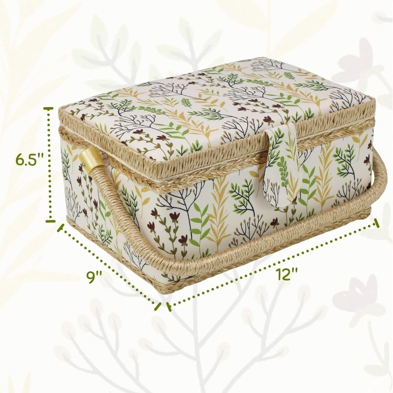 COMFECTO Sewing Basket Large with Complete Sew Accessories Included Wooden Beginners Sewing Kit with Removable Tray Tomato Pincushion for Mending, Beige Leaf - Image 4