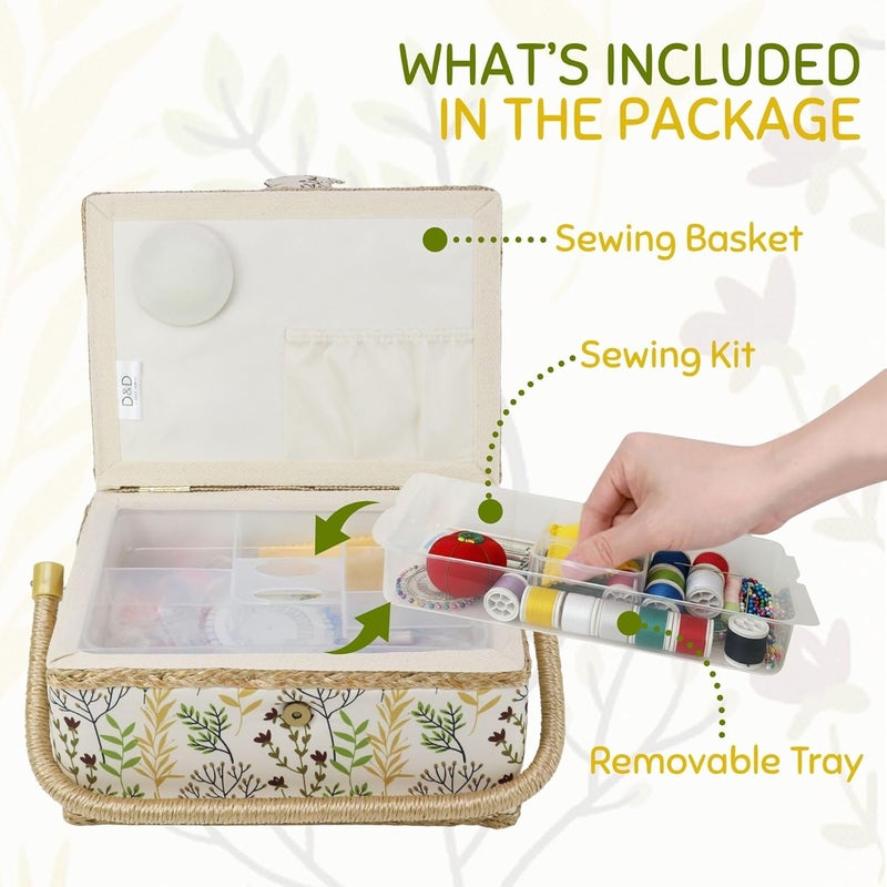 COMFECTO Sewing Basket Large with Complete Sew Accessories Included Wooden Beginners Sewing Kit with Removable Tray Tomato Pincushion for Mending, Beige Leaf - Image 3