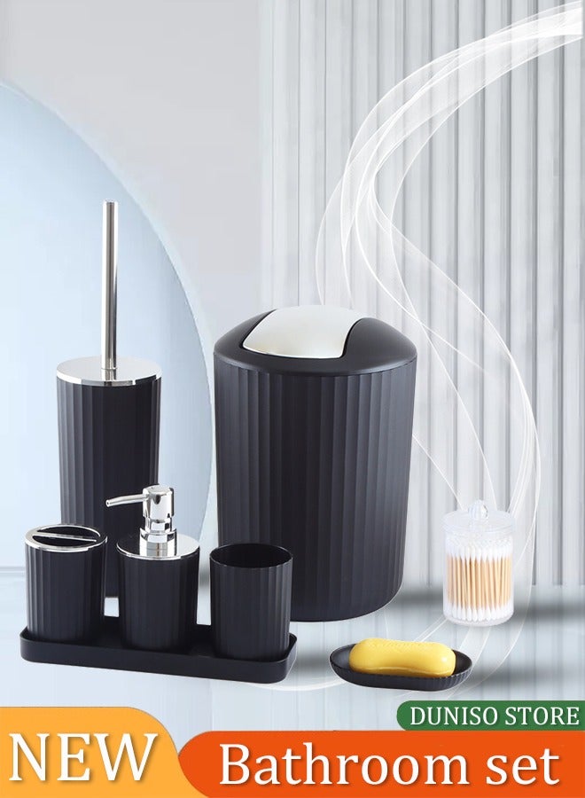 DUNISO 8 pieces of Bathroom accessories set ,plastic gift set, corrugated round electroplating bathroom set, with lotion bottle, toothbrush cup, mouthwash cup, soap tray, toilet brush, trash can, cotton swab box and tray (black) - Image 1