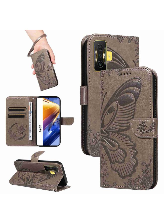 For Xiaomi Poco F4 GT Swallowtail Butterfly Embossed Leather Phone Case(Grey)