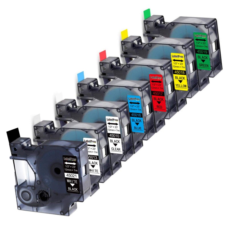 LabelPros عبوة 7 قطع بديل شريط ملصقات DYMO D1 45010 45013 45016 45017 45018 45019 45021 إعادة تعبئة متوافقة مع DYMO LabelManager 160 280 420P PnP 220P 360D 450 210D، 1/2 بوصة × 23 قدم، 12 مم × 7 م - Image 1