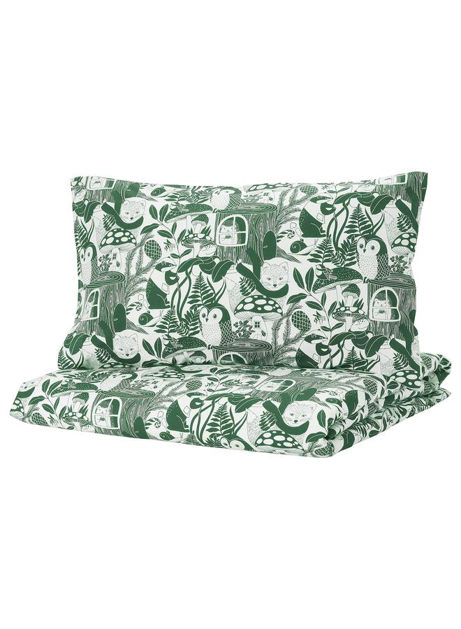 Zaboon Duvet cover and pillowcase, white green/forest pattern, 150x200/50x80 cm - Image 1