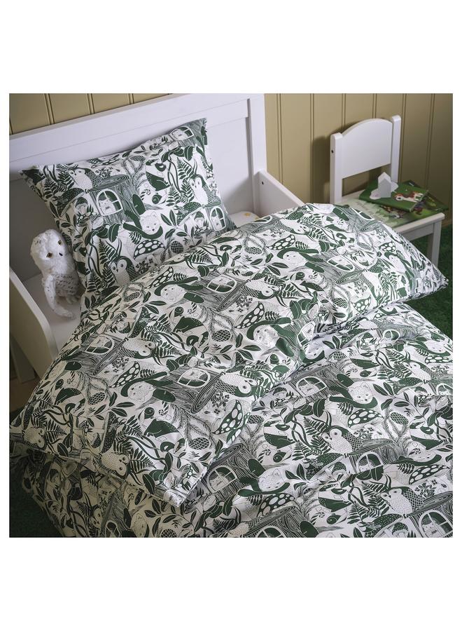 Zaboon Duvet cover and pillowcase, white green/forest pattern, 150x200/50x80 cm - Image 3