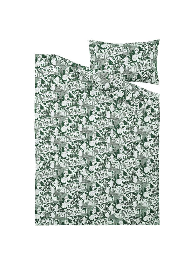 Zaboon Duvet cover and pillowcase, white green/forest pattern, 150x200/50x80 cm - Image 2