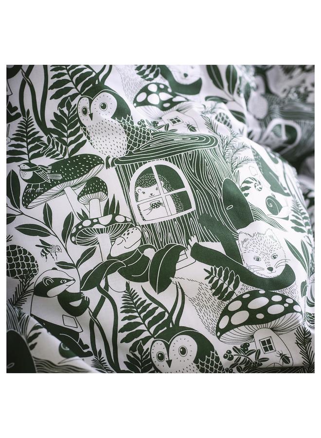 Zaboon Duvet cover and pillowcase, white green/forest pattern, 150x200/50x80 cm - Image 5