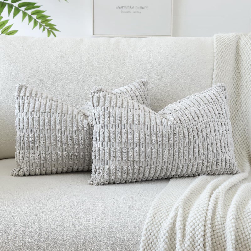 JOTOM Set of 2 Corduroy Soft Striped Cushion Covers 30x50 cm Boho Decorative Throw Pillow Covers Lumbar Cushion Case Couch Home Decor Pillowcases for Sofa Bedroom 12x20 Inch Light Gray