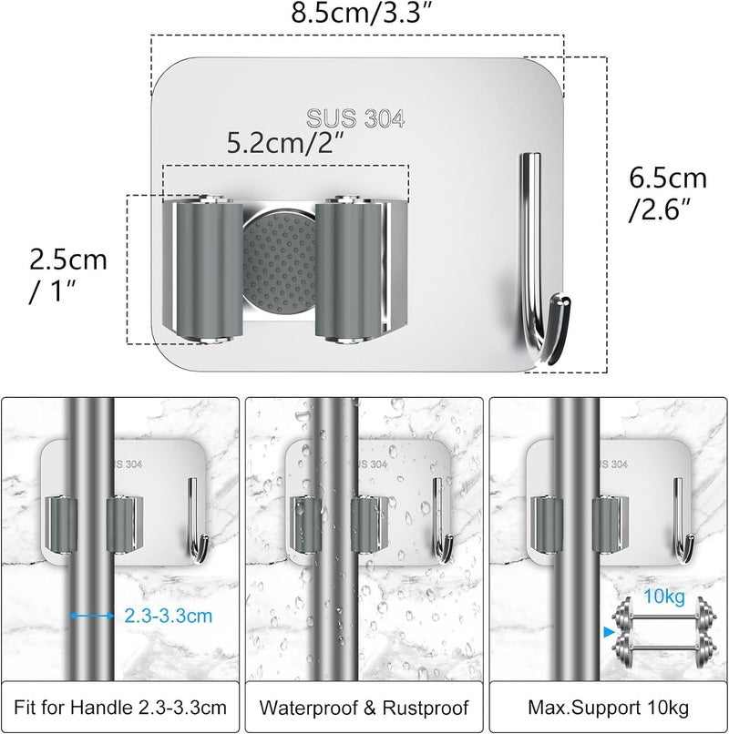 Adhegrip 2 Pack Broom Holder Wall Mounted Hook,mop Holder for Wall, Broom Holder, self Adhesive Holder Stand to Mount Cleaning Brush Stick Hanger, Wiper Organizer Storage, Hook for Bathroom, Home - Image 2