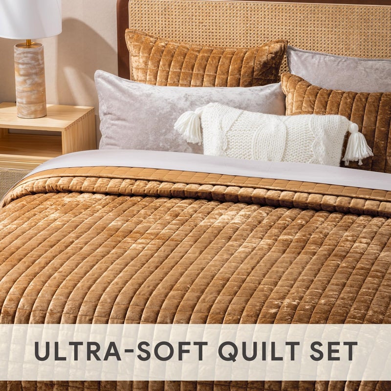 RECYCO Luxury Velvet Quilt Set Full Queen Size Bedding Sets, Ultra Soft Velvet Comforter Set, Lightweight Channel Box Stitch Oversized Bedspread Coverlet for All Season, with 2 Shams, Caramel Gold - Image 5