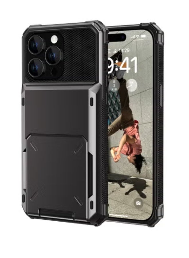 GULFLINK Full Protection Shockproof Casing Card Holder Case Dual Layer Hard Case For iPhone 15 Pro Max Grey - Image 1