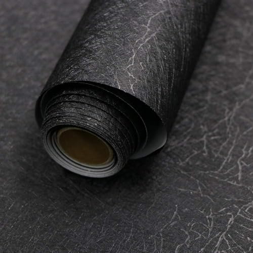 Abyssaly 15.7" X 118" Black Silk Wallpaper Embossed Self Adhesive Peel and Stick Wallpaper Contact Paper Removable Waterproof Kitchen Vinyl Wrap Cabinet Furniture Textured Renter Friendly Wall Gift Paper - Image 1