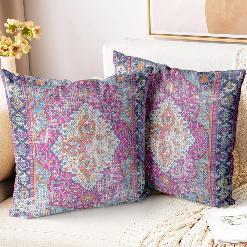ZSYTZL Boho Throw Pillow Covers 18x18 inch Set of 2,Soft Pillowcases Bohemia Carpet Printing Pattern Decorative Sofa Living Room Bed Square Pillow Case Cushion Cover-Purple - Image 1