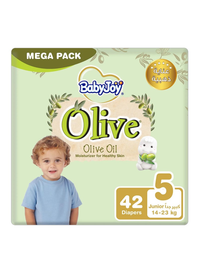 Baby Joy BabyJoy Olive Tape Style Diapers, 42 Pieces, Junior Size 5 Mega Pack, 14-23kg - Gentle Olive Moisturising, Breathable, Compressed Air Channel 