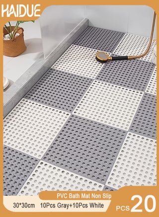 20 Pcs PVC Bath Mat Non Slip Shower Mat Bathroom Mats Bathroom Rugs Interlocking Soft Floor Mats PVC Floor Mat With Drain Holes For Home Kitchen Bathroom Shower Pool Balcony (10Pcs Gray+10Pcs White)