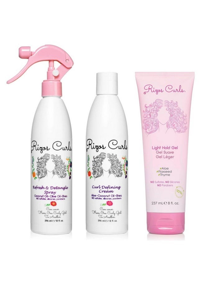 Rizos Curls - Styling Starter Kit, Refresh And Detangle Spray & Curl Defining Cream & Light Hold Gel Bundle, Enhance & Define Curls, Add Volume & Hold, Frizz Control & Shine - Image 1