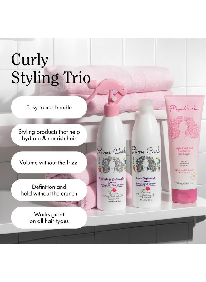 Rizos Curls - Styling Starter Kit, Refresh And Detangle Spray & Curl Defining Cream & Light Hold Gel Bundle, Enhance & Define Curls, Add Volume & Hold, Frizz Control & Shine - Image 1