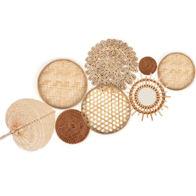 Unittype Unittype Boho Wicker Wall Set of 8 Handmade Basket Decor with Rattan Mirror for Bathroom Bedroom Living Room 