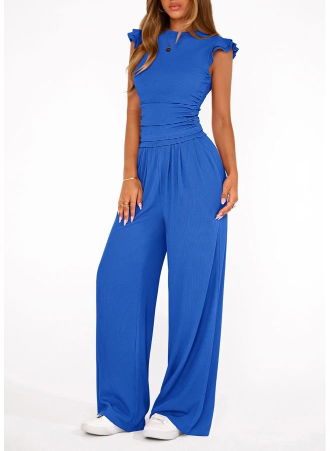 KIRUNDO Two Piece Sets For Women Summer Ruffle Cap Sleeve Crop Tops Wide Leg Palazzo Pants Casual Travel Vacation Outfits, Blue, M - Image 4