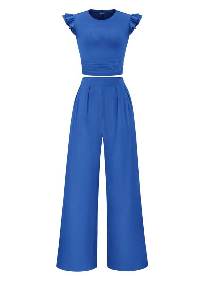 KIRUNDO Two Piece Sets For Women Summer Ruffle Cap Sleeve Crop Tops Wide Leg Palazzo Pants Casual Travel Vacation Outfits, Blue, M - Image 1