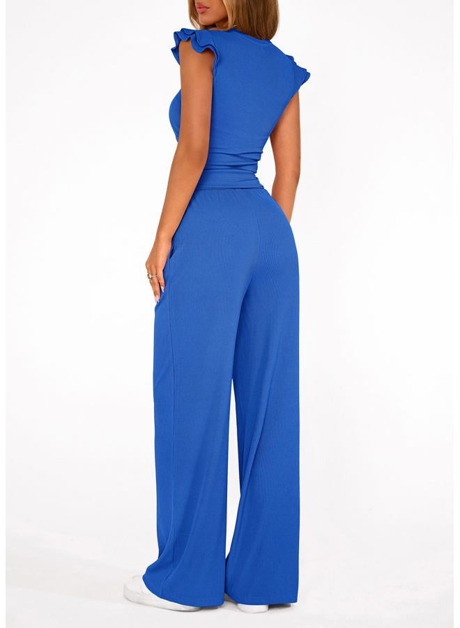 KIRUNDO Two Piece Sets For Women Summer Ruffle Cap Sleeve Crop Tops Wide Leg Palazzo Pants Casual Travel Vacation Outfits, Blue, M - Image 2