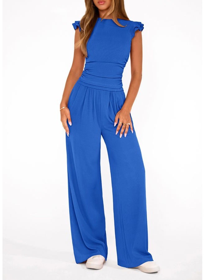 KIRUNDO Two Piece Sets For Women Summer Ruffle Cap Sleeve Crop Tops Wide Leg Palazzo Pants Casual Travel Vacation Outfits, Blue, M - Image 5