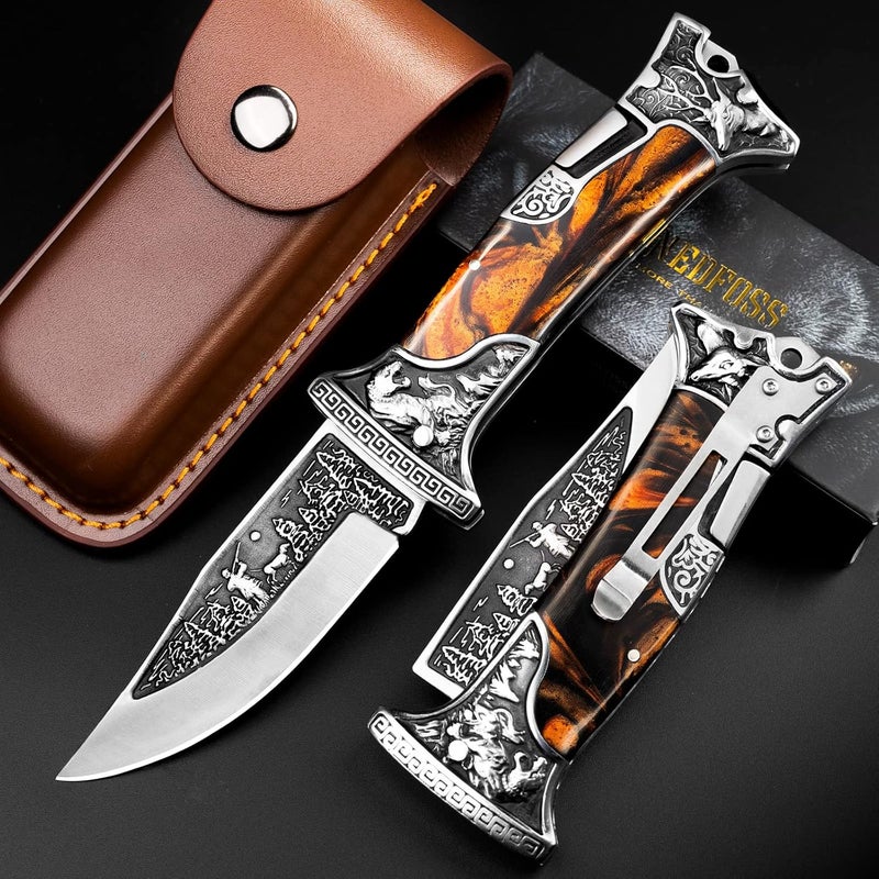 NedFoss TIGER ROAR Pocket Knife Gift for Men, 3.5 inch Engraved Unique Folding Pocket Knife, Pocket Knives with Holster, Cool Knives, Personalized knife Valentine's Fathers Day Gift from Daughter Wife Son, Mens Stocking Stuffers Gift for Husband Dad - Image 4