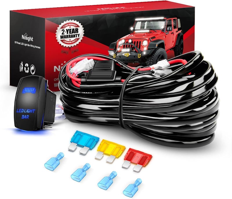 Nilight - 10015W - NI-WA 09 LED Light Bar Wiring Harness Kit 14AWG Heavy Duty 12V 5Pin Rocker Switch Laser On off Waterproof Switch Power Relay Blade Fuse-2 Leads,2 Years Warranty - Image 1