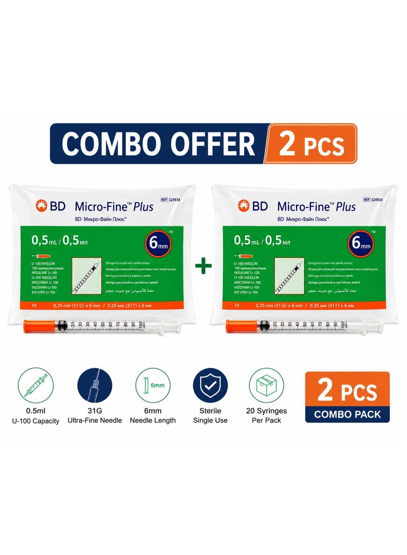 محقنة أنسولين BD Micro-Fine Plus سعة 0.5 مل، مقاس 31G، طول 6 مم، 20 قطعة