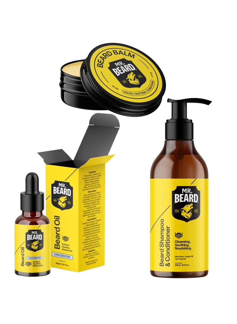 Mr.Beard Complete Beard Care Kit Beard Shampoo + Beard Balm + Unscented Beard Oil - Image 1