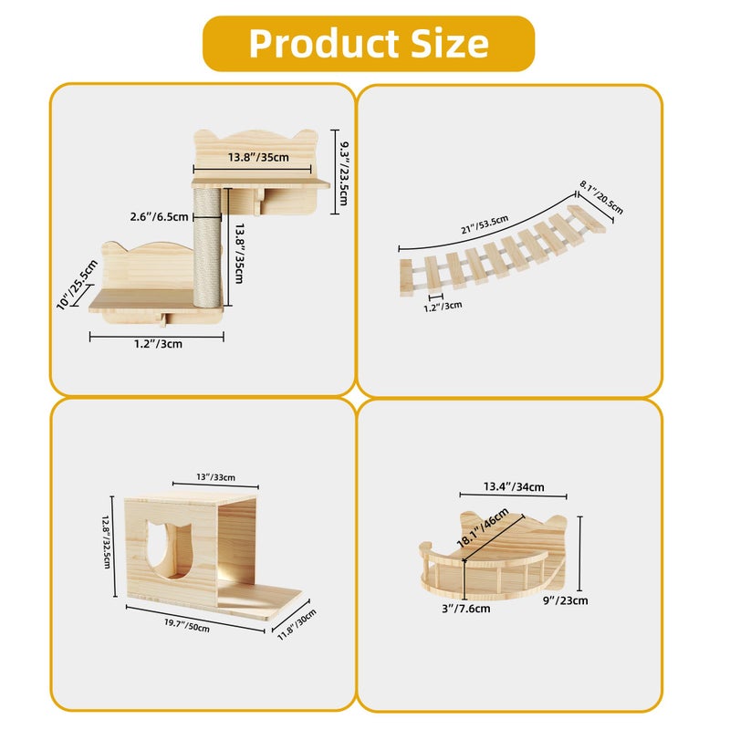 Homiflex رفوف حائط هوميفليكس للقطط، رفوف ومنصات للقطط للحائط، مجموعة من 9 قطع من أثاث رفوف خشبية للقطط مع عمود خدش، منزل، شقة، جسر سلم لعدة قطط - Image 2