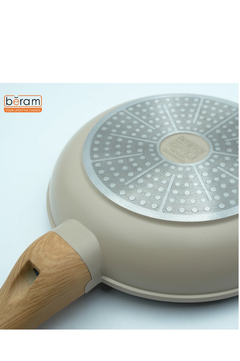 Beram Non-Stick Frying Pan 24 Cm for Induction  Gas Stove Cast Aluminum Skillet with premium Coating Soft-Touch Wooden Handle Beige Color Oven Safe Cookware Eco-Friendly Non-Toxic Pan - Image 4