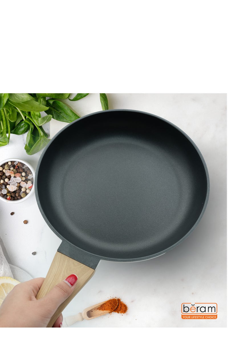 Beram Non-Stick Frying Pan 24 Cm for Induction  Gas Stove Cast Aluminum Skillet with premium Coating Soft-Touch Wooden Handle Beige Color Oven Safe Cookware Eco-Friendly Non-Toxic Pan - Image 5