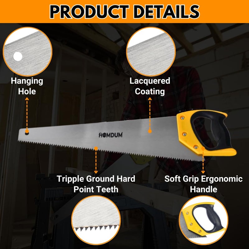 Homdum منشار يدوي بقطر 18 بوصة لقطع الخشب مزود بشفرة فولاذية سبائكية قوية ومقبض مطاطي بلاستيكي أفضل منشار يدوي للأعمال الخشبية مناسب لمجموعة متنوعة من الأعمال الخشبية والبلاستيكية - Image 3