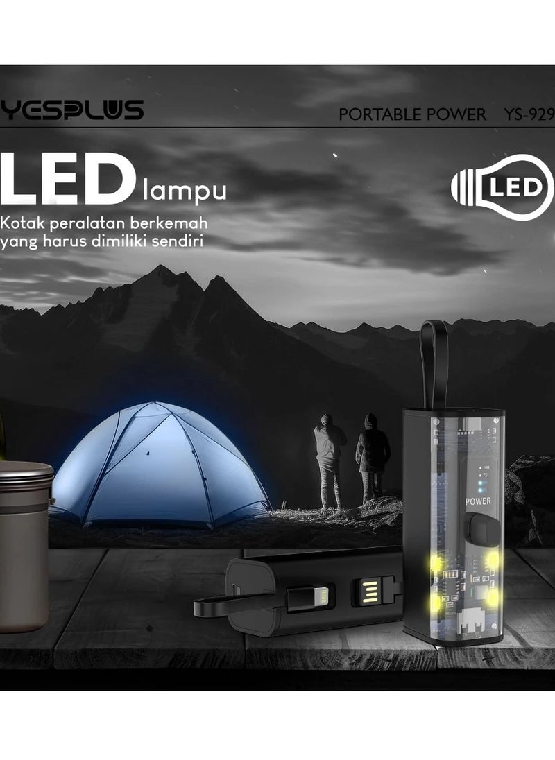 YESPLUS - 5000mAh Universal Compact Power Bank, Small Shape, Lightweight, Convenient and Easy to Carry, Portable Charger, Built-in Lightning Cable, Foldable USB-C Connector, Black LED Display - Image 1