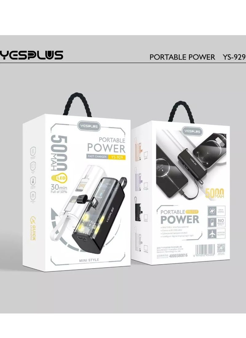 YESPLUS - 5000mAh Universal Compact Power Bank, Small Shape, Lightweight, Convenient and Easy to Carry, Portable Charger, Built-in Lightning Cable, Foldable USB-C Connector, Black LED Display - Image 1