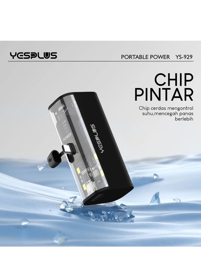 YESPLUS - 5000mAh Universal Compact Power Bank, Small Shape, Lightweight, Convenient and Easy to Carry, Portable Charger, Built-in Lightning Cable, Foldable USB-C Connector, Black LED Display - Image 1