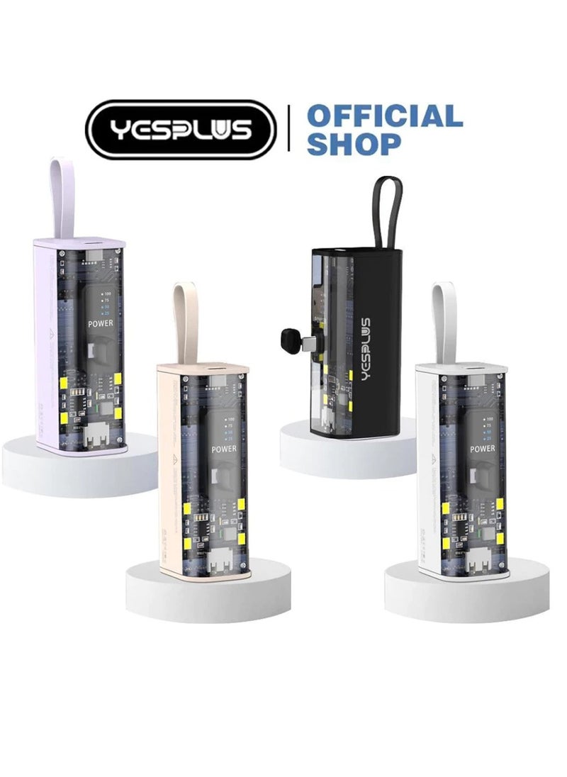 YESPLUS - 5000mAh Universal Compact Power Bank, Small Shape, Lightweight, Convenient and Easy to Carry, Portable Charger, Built-in Lightning Cable, Foldable USB-C Connector, Black LED Display - Image 1