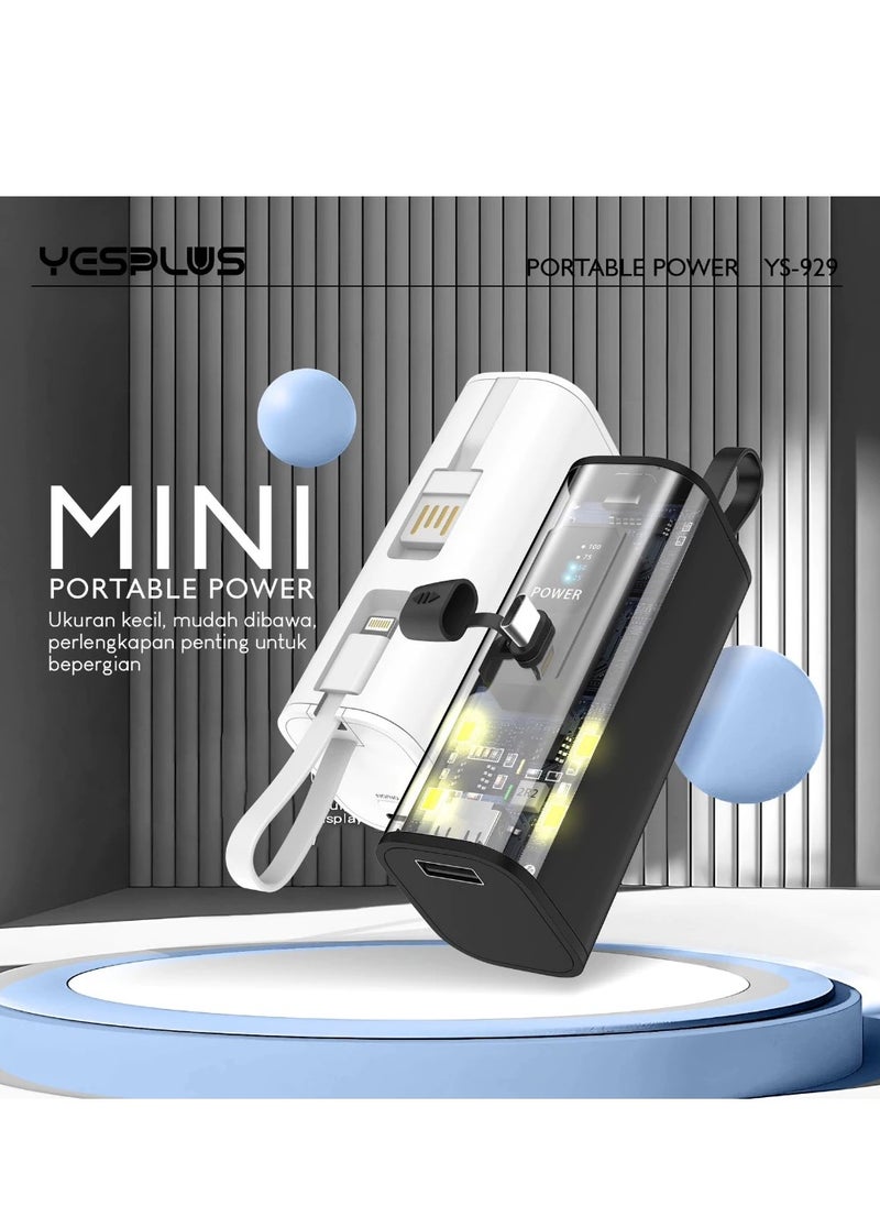 YESPLUS - 5000mAh Universal Compact Power Bank, Small Shape, Lightweight, Convenient and Easy to Carry, Portable Charger, Built-in Lightning Cable, Foldable USB-C Connector, Black LED Display - Image 1