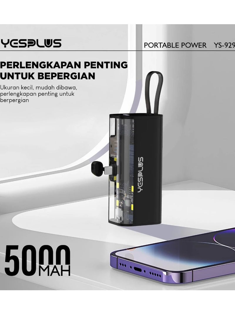 YESPLUS - 5000mAh Universal Compact Power Bank, Small Shape, Lightweight, Convenient and Easy to Carry, Portable Charger, Built-in Lightning Cable, Foldable USB-C Connector, Black LED Display - Image 1