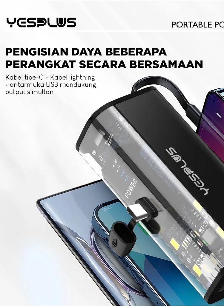 YESPLUS - 5000mAh Universal Compact Power Bank, Small Shape, Lightweight, Convenient and Easy to Carry, Portable Charger, Built-in Lightning Cable, Foldable USB-C Connector, Black LED Display - Image 1