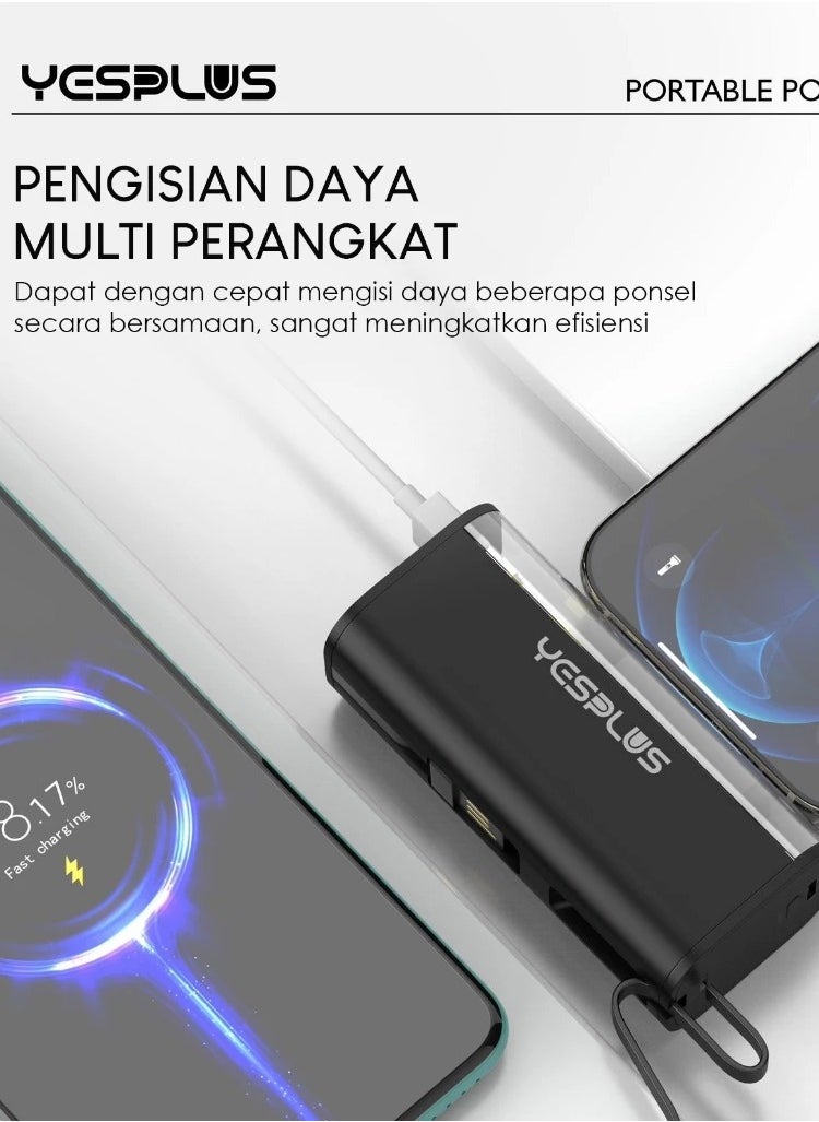 YESPLUS - 5000mAh Universal Compact Power Bank, Small Shape, Lightweight, Convenient and Easy to Carry, Portable Charger, Built-in Lightning Cable, Foldable USB-C Connector, Black LED Display - Image 1
