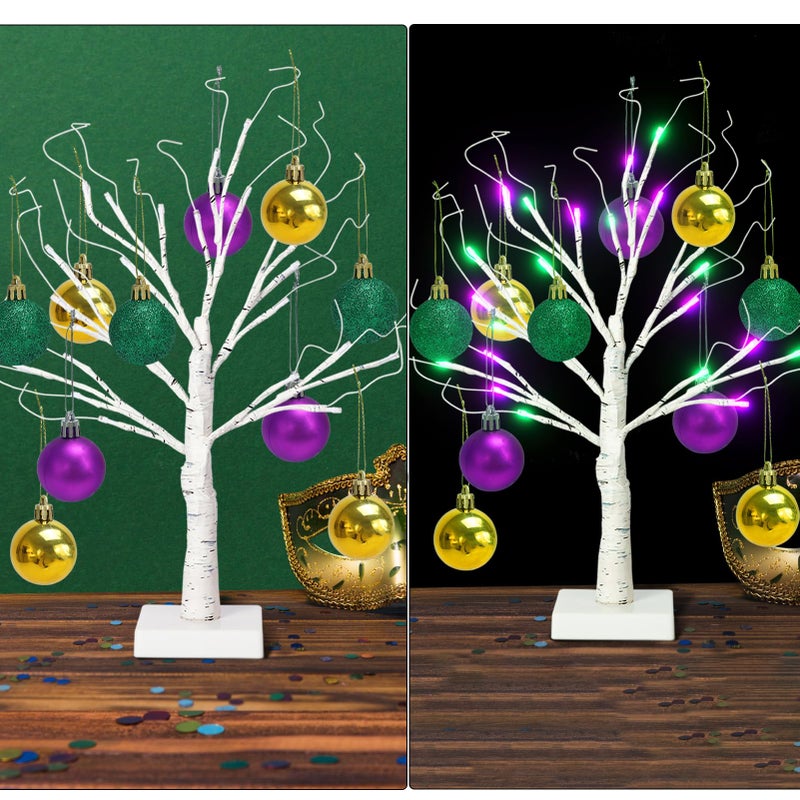 ZYP [Timer] 24'' Mardi Gras Lighted Tabletop Birch Tree with 12pcs Ball Ornaments,8 Lighting Modes Green and Purple Lights Pre-lit Twig Birch Tree for Mardi Gras Decor - Image 4