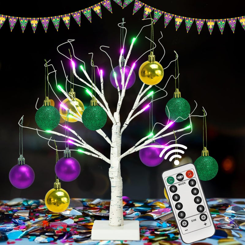 ZYP [Timer] 24'' Mardi Gras Lighted Tabletop Birch Tree with 12pcs Ball Ornaments,8 Lighting Modes Green and Purple Lights Pre-lit Twig Birch Tree for Mardi Gras Decor - Image 1