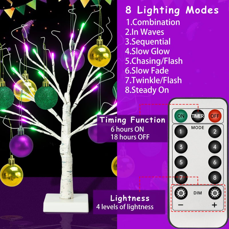 ZYP [Timer] 24'' Mardi Gras Lighted Tabletop Birch Tree with 12pcs Ball Ornaments,8 Lighting Modes Green and Purple Lights Pre-lit Twig Birch Tree for Mardi Gras Decor - Image 5