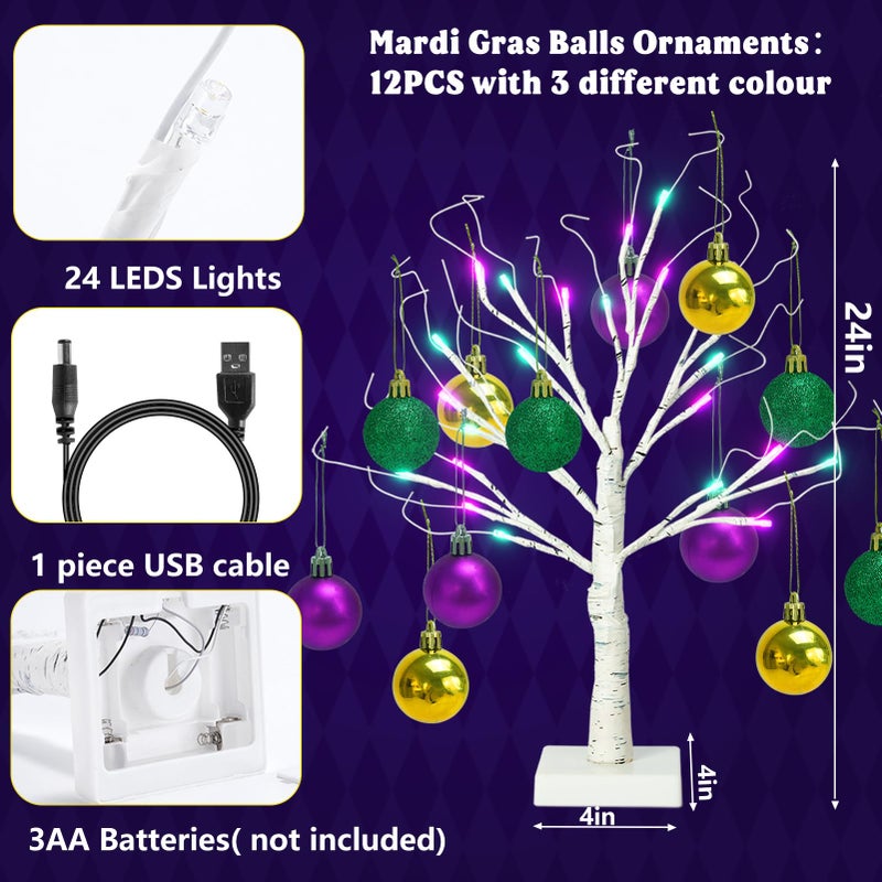 ZYP [Timer] 24'' Mardi Gras Lighted Tabletop Birch Tree with 12pcs Ball Ornaments,8 Lighting Modes Green and Purple Lights Pre-lit Twig Birch Tree for Mardi Gras Decor - Image 2