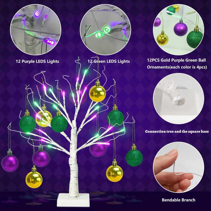 ZYP [Timer] 24'' Mardi Gras Lighted Tabletop Birch Tree with 12pcs Ball Ornaments,8 Lighting Modes Green and Purple Lights Pre-lit Twig Birch Tree for Mardi Gras Decor - Image 3
