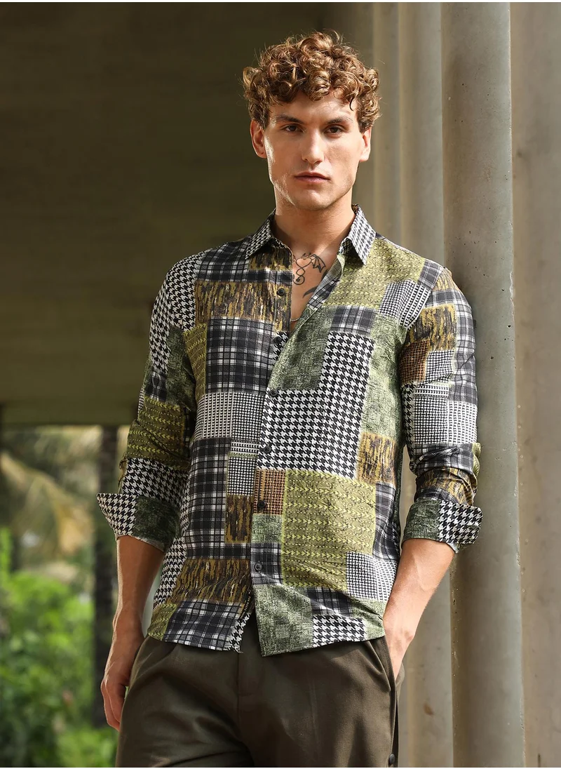 كامبوس سوترا Men's Olive Green Houndstooth Block Shirt For Casual Wear | Spread Collar | Long Cuffed Sleeves | Button Closure | Shirt Crafted With Comfort Fit For Everyday Wear
